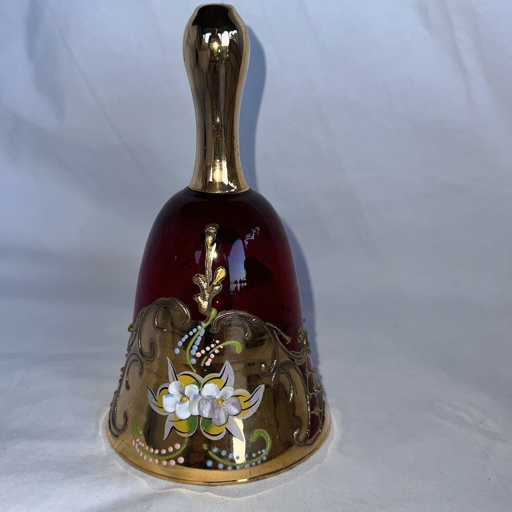 Vintage Murano Bohemian Venetian Ruby Red glass Bell Flowers Gold Italy KB